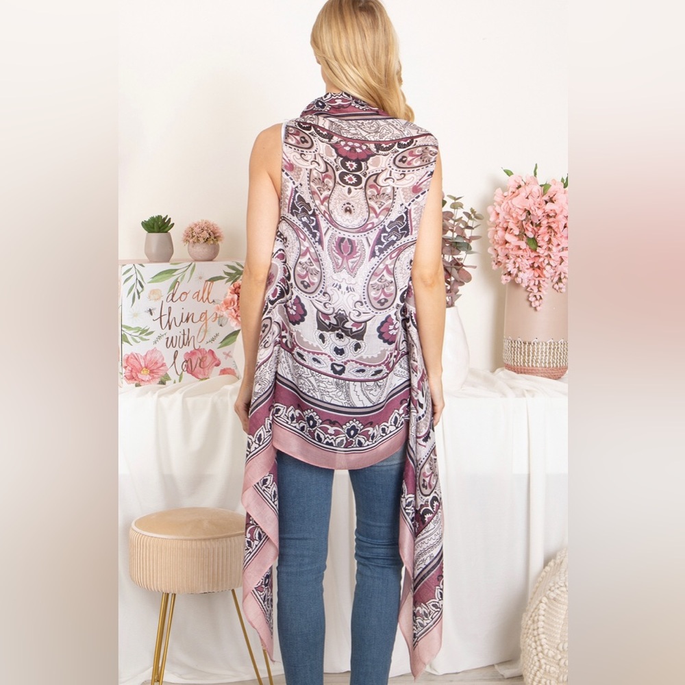 Pink Linen Boho Paisley Bandana Print Longline Western Vest 10 12 14 Womens Top - Picture 7 of 9